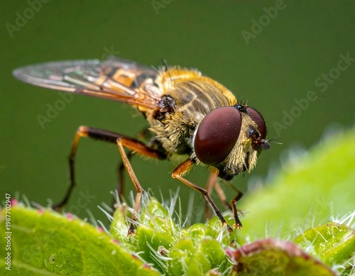 Close-up macro shot of a fly-like insect perched on a green leaf with spiky edges. Body is a mix of yellows, browns, and black