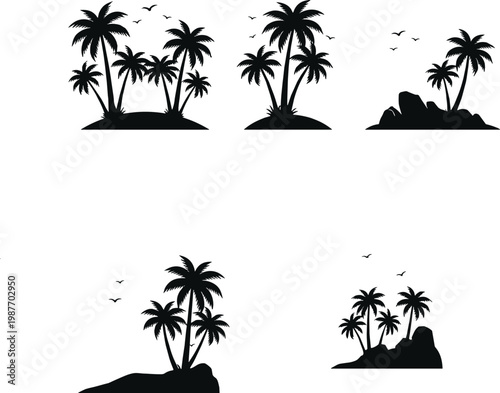Silhouettes of palm trees and orange sun vector. set of palm trees and sunrise vector 