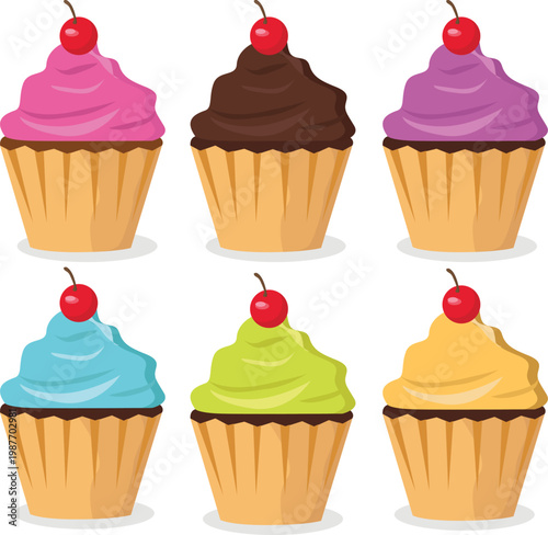 Collection of colorful cupcakes with different frosting flavors including chocolate, strawberry, vanilla, and more, each topped with a cherry