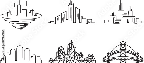 6 Modern city skyline icons and urban architectural structures in linear vector style