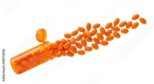 Vector illustration of orange pill bottle spilling capsules on a transparent background