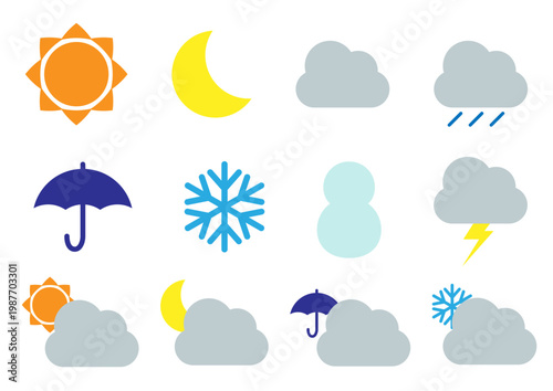 シンプルな天気アイコンセット　晴れ　くもり　雨　ベクターイラスト