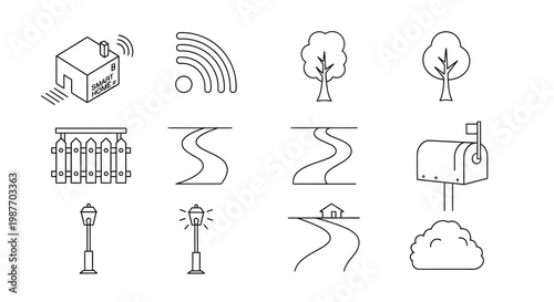 Set of smart home and suburban living line art icons