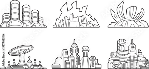 Futuristic icon set with sci-fi, building, and cityscape in outline style