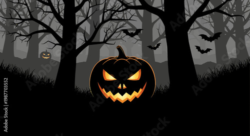 Spooky Halloween Forest Illustration with Glowing Jack O Lantern and Bats