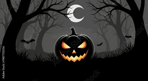 Halloween Jack O Lantern in Spooky Forest Vector Illustration
