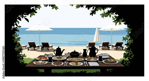 Breakfast Table with Scenic Beach and Ocean View Illustration