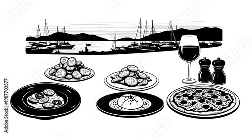 Mediterranean Dinner with Marina View Illustration