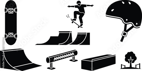 Skateboarding equipment and park elements isolated on transparent background vector illustration
