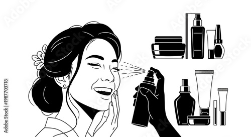 Happy woman using facial mist spray with cosmetic products illustration