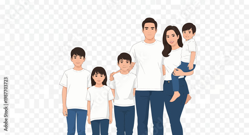 Happy Family of Six in White T-Shirts Vector Illustration