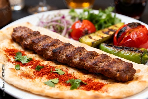 Adana Kebab with Grilled Vegetables and Flatbread, Middle Eastern Cuisine