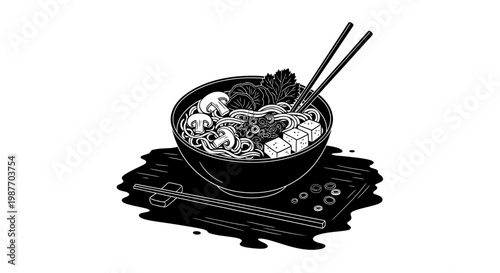 Japanese Ramen Bowl Illustration with Tofu and Mushrooms