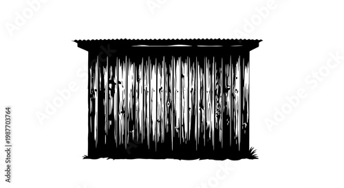 Black and white silhouette of a rustic wooden shed illustration