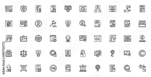 Copyright icon set. Vector illustration pack featuring content, patent, trademark, plagiarism, DMCA, intellectual property, law, protection, creativity, and more. Editable stroke icons.