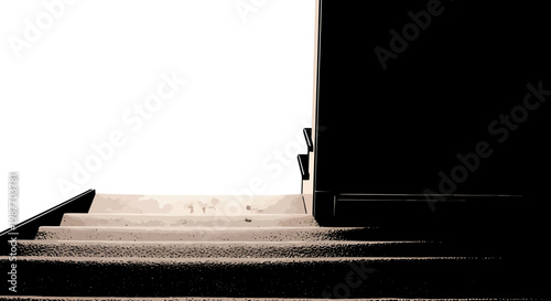 Minimalist graphic illustration of stairs leading to bright light