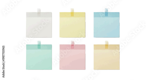 Vector illustration of set of six colorful square sticky notes with tape on a transparent background