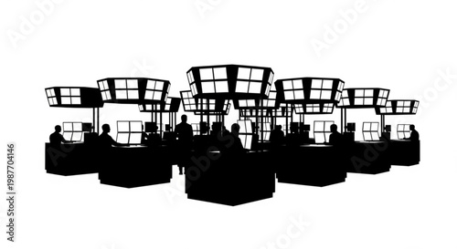 Minimalist silhouette of a stock trading floor with traders at computer consoles and screens, representing financial markets and data analysis.