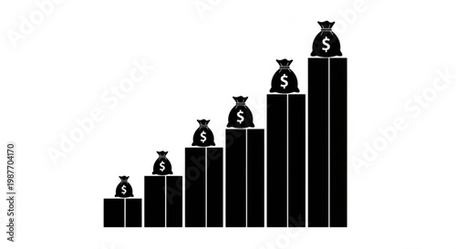 Black silhouette of a rising bar chart with money bags on top, illustrating financial growth, investment returns, and increasing profitability over time.