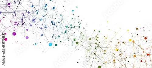 Colorful abstract network of connected dots and lines on a white background