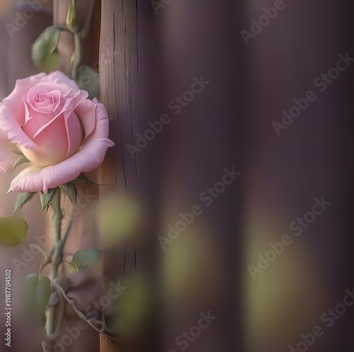 Soft Pink Rose Bloom Beside Wooden Fence with Dreamy Light and Shallow Depth of Field