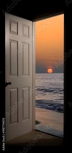 Open Door Revealing Ocean Sunset View with Waves and Golden Horizon Light