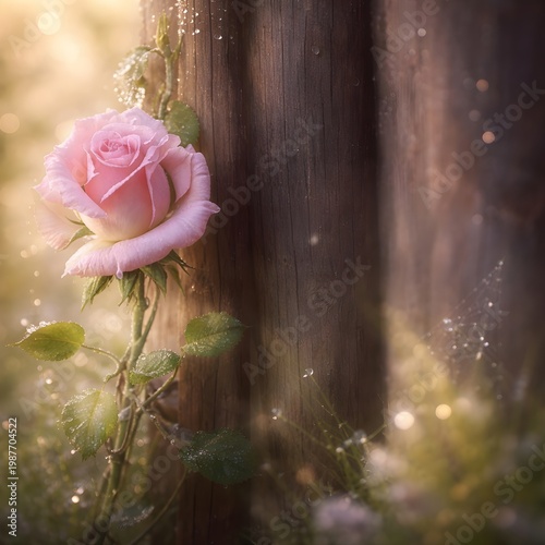 Pink Rose with Dew Drops Climbing Wooden Fence in Warm Morning Sunlight