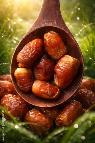 Fresh Ripe Dates in Wooden Spoon with Golden Sunlight Background, Natural Organic Fruit Close-Up