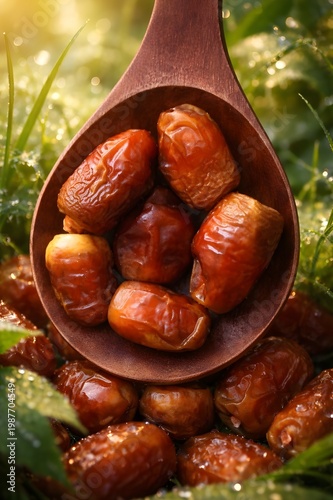 Close-Up of Fresh Organic Dates in Wooden Spoon with Warm Sunlight, Natural Healthy Sweet Fruit on Green Grass Background