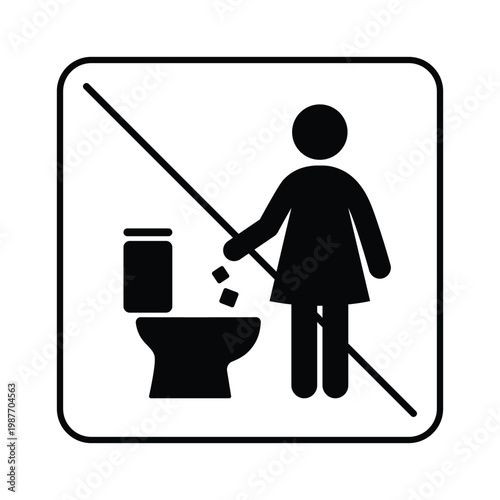 Prohibited toilet use icon showing person throwing waste into WC with crossed out symbol. Simple pictogram for hygiene instructions, infographics, UI design, and public signage. Perfect for illustrati