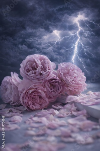 Soft Pink Roses with Fallen Petals Under Dramatic Storm Sky and Lightning Background
