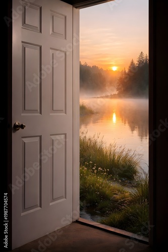 Open Door Revealing Serene Sunrise Over Misty Lake with Forest Reflection and Golden Light