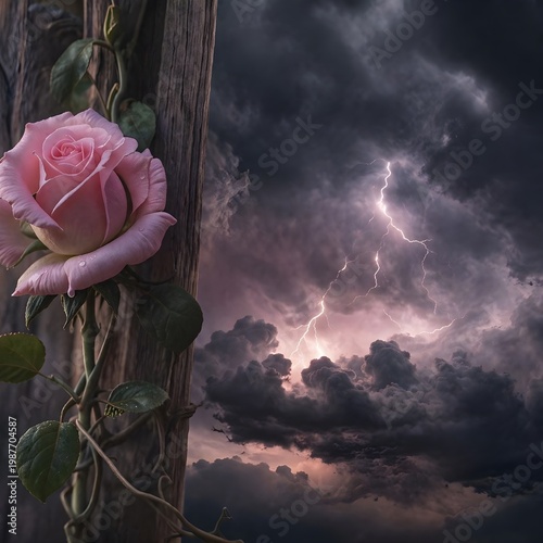 Delicate Pink Rose Climbing Wooden Post Against Dramatic Storm Sky with Lightning