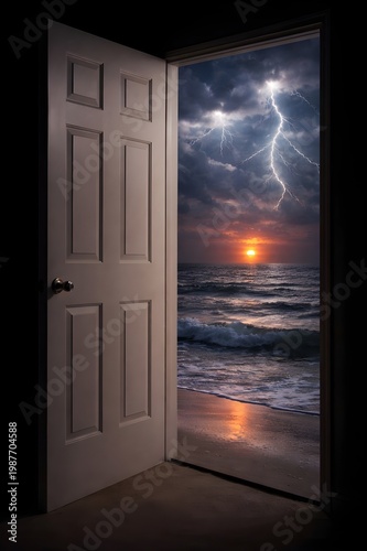 Open Door Revealing Stormy Ocean Sunset with Lightning Over Waves and Dramatic Sky