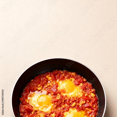 Shakshuka with Eggs and Tomatoes in a Frying Pan, Top View