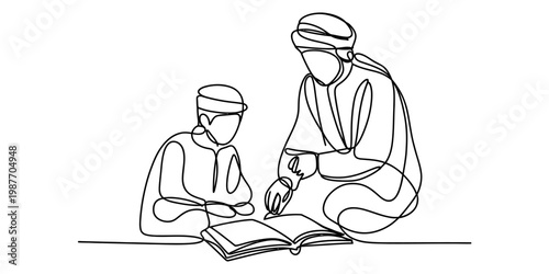 Continuous line drawing of a father and son reading an open book together in traditional attire Vector, illustration