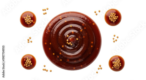 Vector illustration of top view of a swirl of barbecue sauce with mustard seeds on a transparent background
