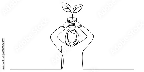 Continuous line drawing of a woman holding a small potted plant with two leaves above her head. Vector, illustration