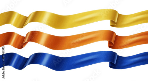 Vector illustration of three wavy satin ribbons in gold, orange, and blue on a transparent background