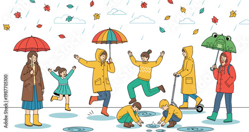 Children playing in rain with umbrellas and puddles, happy family outdoor activity illustration with autumn leaves and rainy weather scene