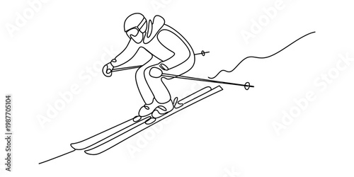 Continuous line drawing of a skier in a crouched position gliding down a snowy mountain slope. Vector, illustration