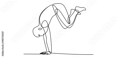Single line drawing of a person performing a dynamic gymnastic handstand flip move. Vector, illustration