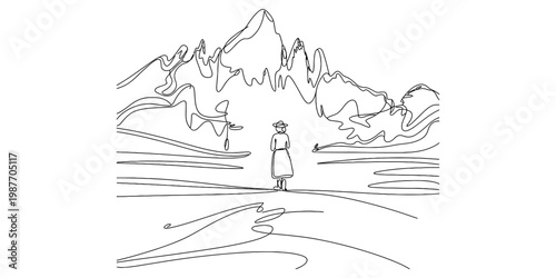 Minimalist line drawing of a lone woman standing before a majestic mountain range landscape. Vector, illustration