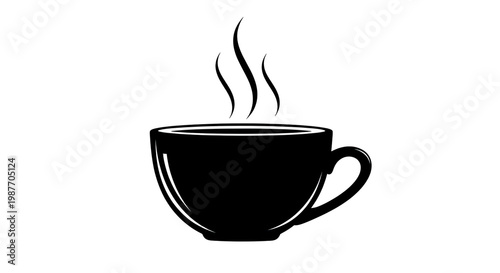 Simple black outline of a steaming hot cup of coffee on a white background