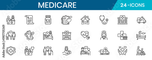 Medicare Themed Thin Line Icons Minimal Outline Style