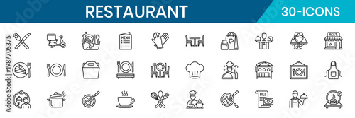 Restaurant Themed Thin Line Icons Minimal Outline Style