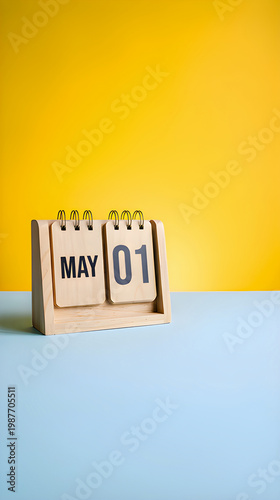 Minimalist Labor Day concept featuring a May 1 calendar block against a vibrant yellow background with clean copy space.