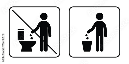 Set of restroom rules icons showing correct and incorrect waste disposal. Includes prohibited flushing symbol and proper trash bin usage pictogram. Ideal for public toilets, hotels, restaurants, offic