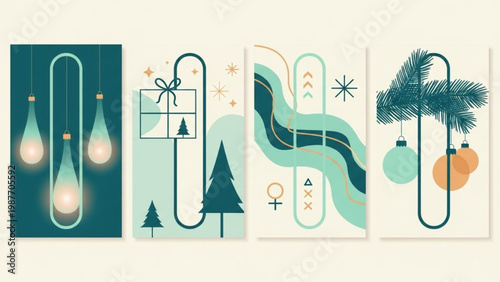 Christmas holiday greeting card designs featuring minimalist winter elements and festive abstract patterns in a sophisticated color scheme for seasonal celebrations