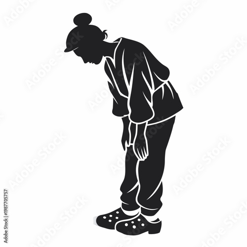 Silhouette of Bowing Figure: A minimalist silhouette depicts a person in a respectful bow, embodying deference and cultural traditions.
